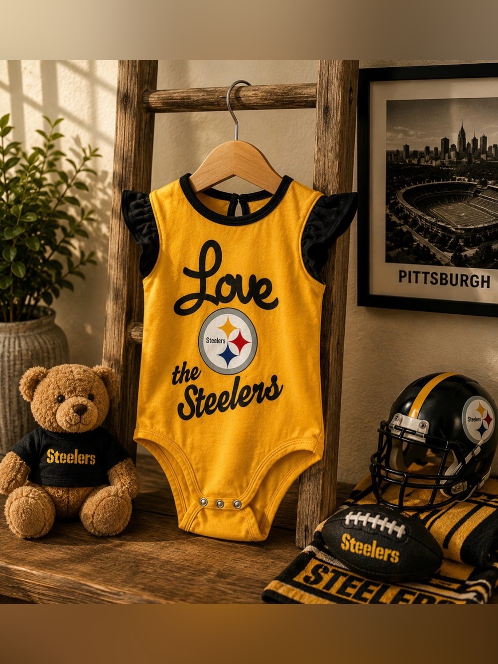 NFL Steelers Baby Onesie in gold and black size 6-9 months